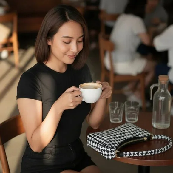 Houndstooth Baguette Shoulder Bag Black White PU Leather Y2K Streetwear Purse - Picture 11 of 14